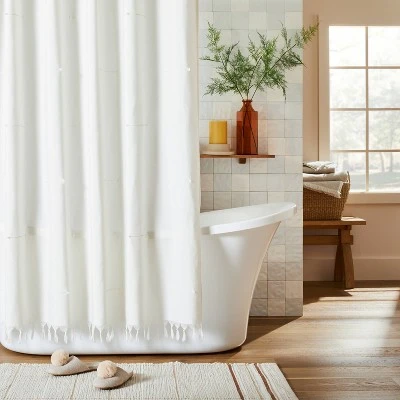 Clip Stitch Knotted Fringe Woven Shower Curtain Sour Cream - Hearth & Hand™ With Magnolia 4 Clip Stitch Knotted Fringe Woven Shower Curtain Sour Cream - Hearth & Hand™ With Magnolia - Image 2